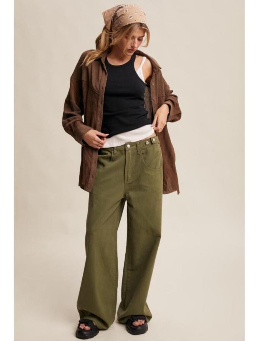 LISTICLE Wide Leg Puddle Hem Denim Pants Olive Green NWT - Picture 2 of 5